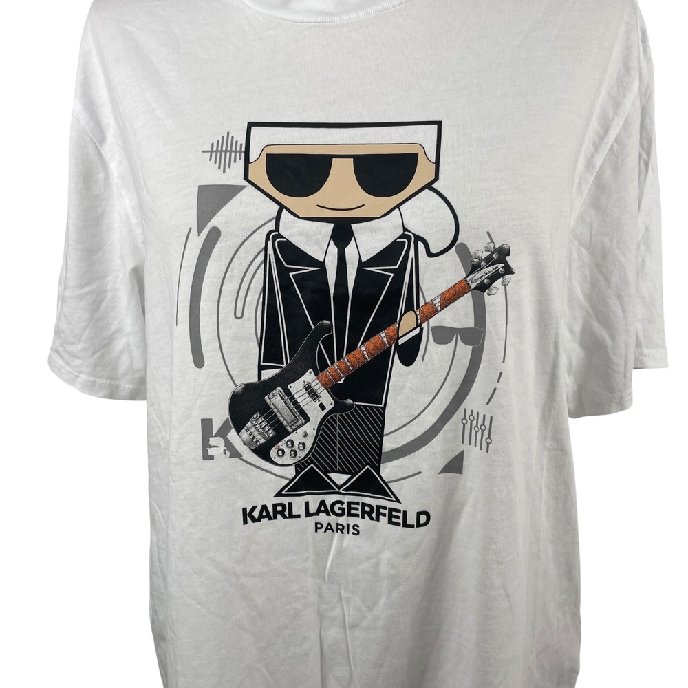 Karl Lagerfeld Paris Women's White Graphic T-Shirt Bass Guitar Cartoon Logo Med